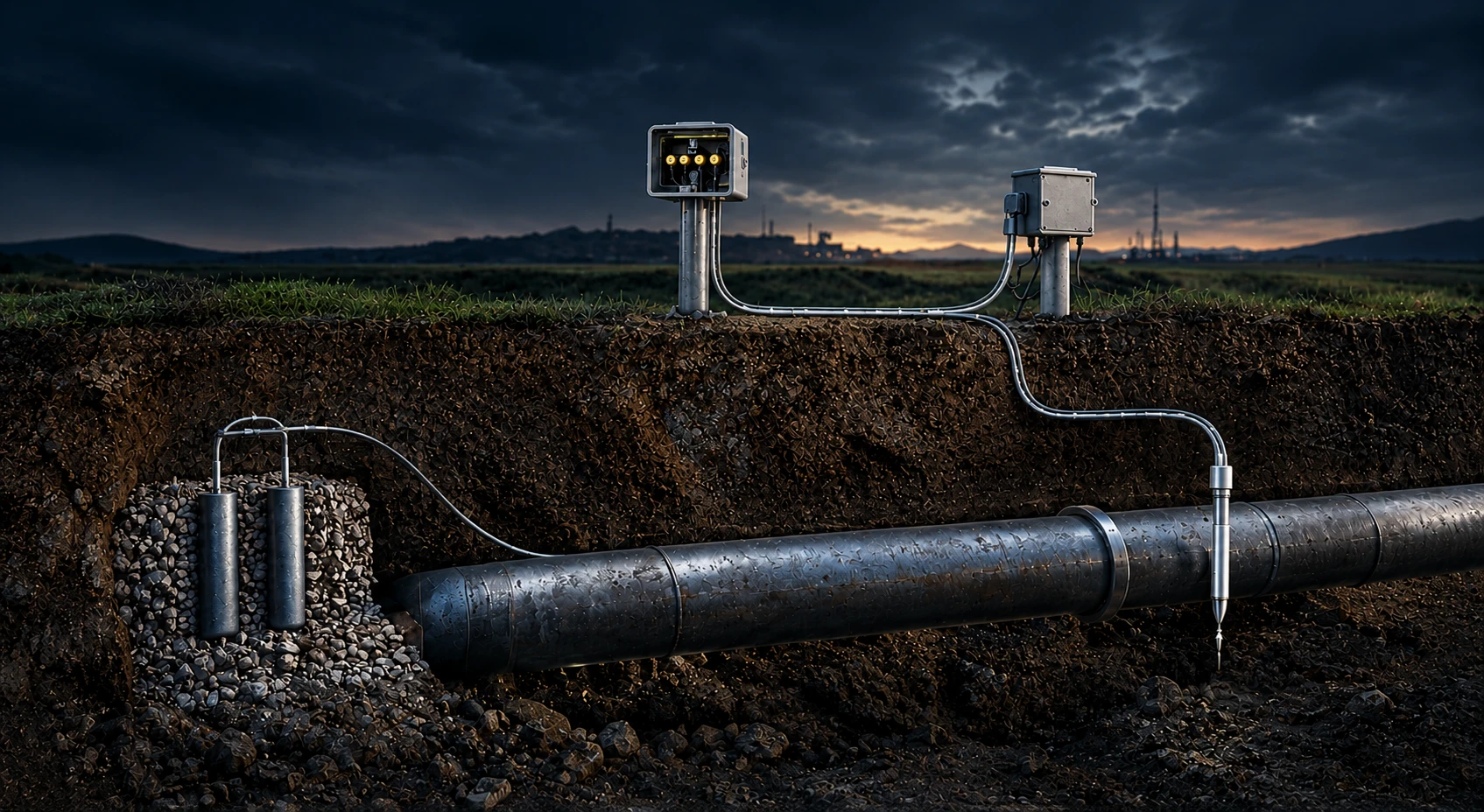 A buried steel pipeline in an excavated trench at dusk, with a sacrificial anode bed, a post-mounted test station, a junction box and a reference electrode